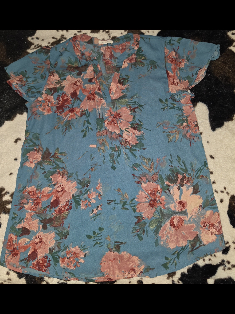 Maurices Teal Floral Split V-Neck Blouse